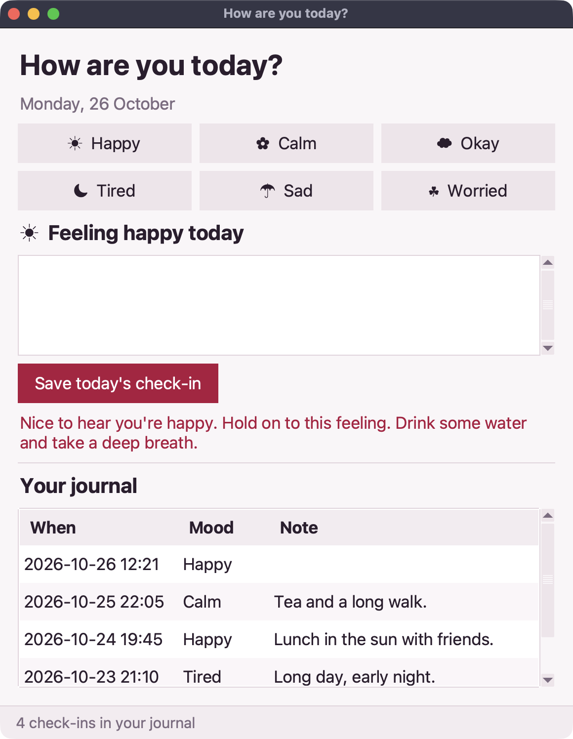 Screenshot of the Care check-in app