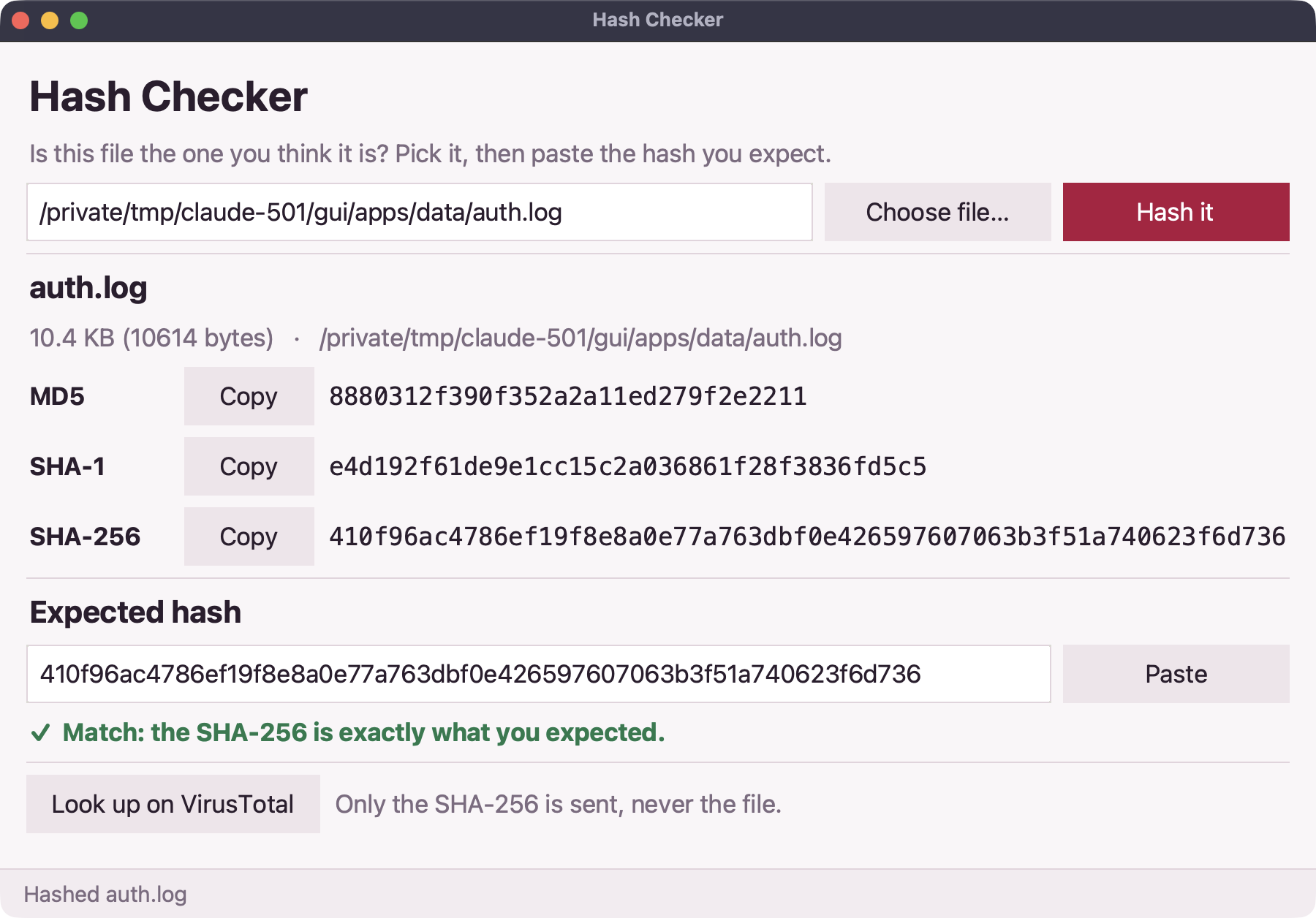 Screenshot of the Hash checker app