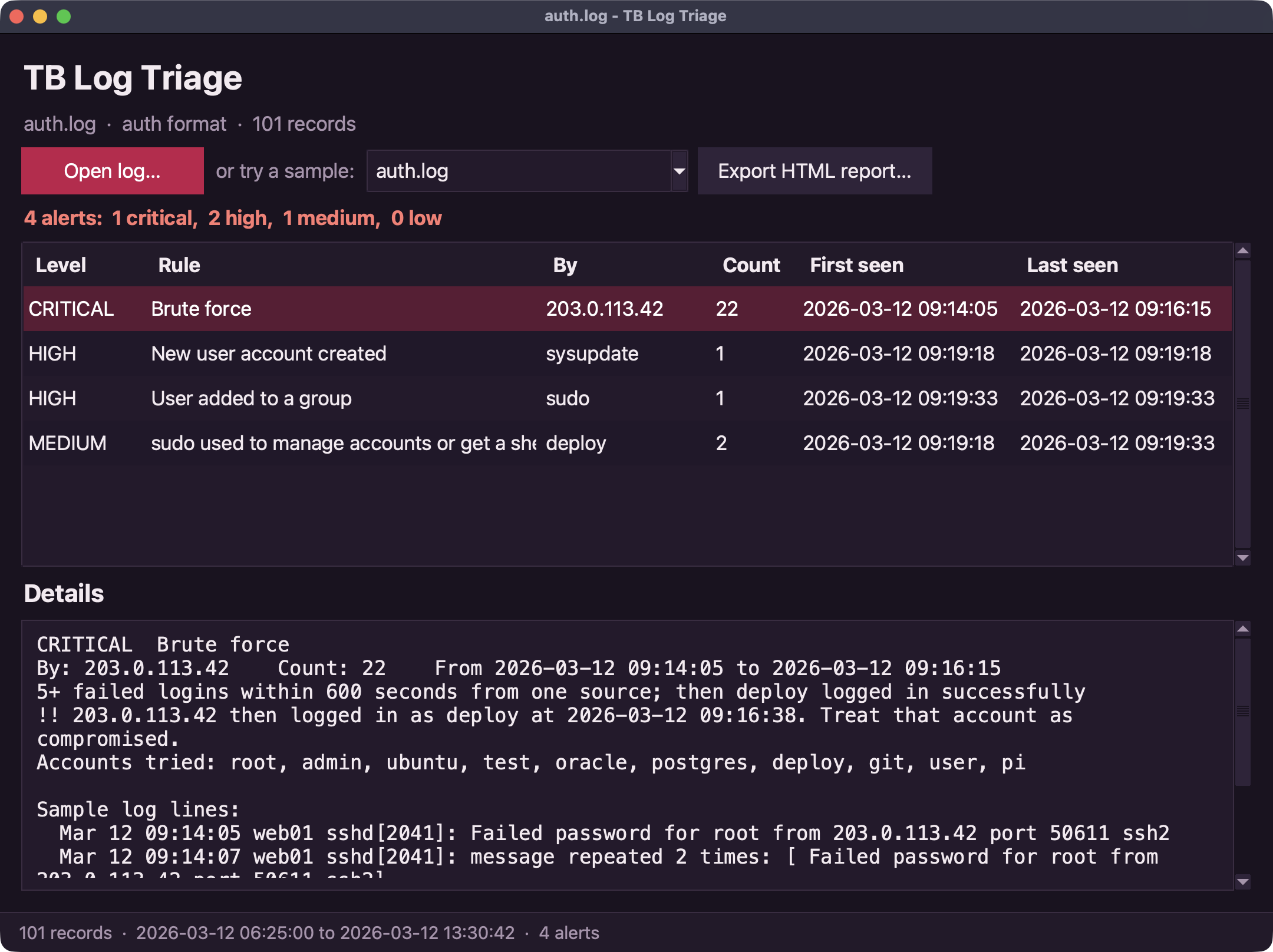 Screenshot of the Log triage (desktop) app